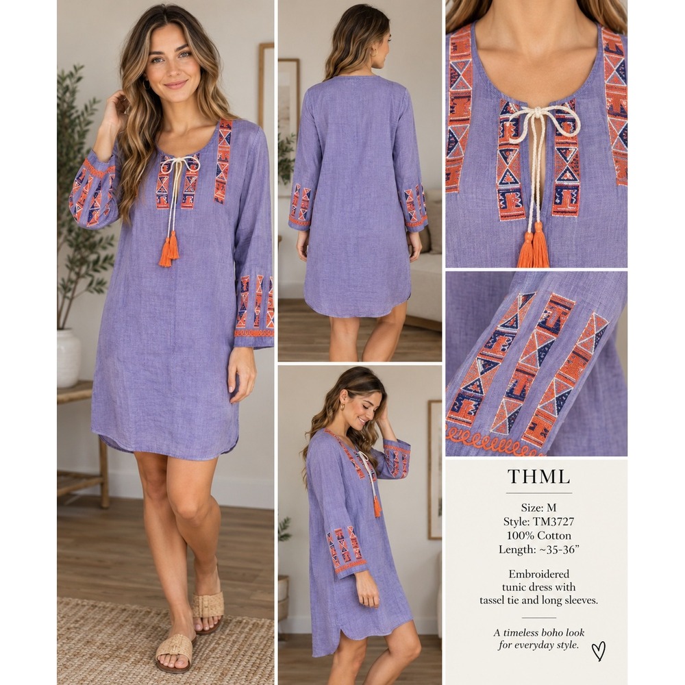 THML Embroidered Cotton Tunic Dress Purple Orange Tassel TM3727 Medium
